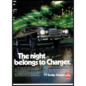 1977 Dodge Charger 2 Door Coupe Vintage Print Ad City Skyline at Night Wall Art